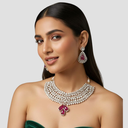 “Bridal Kundan choker necklace set with ruby red stones and matching earrings – Polki wedding jewelry”