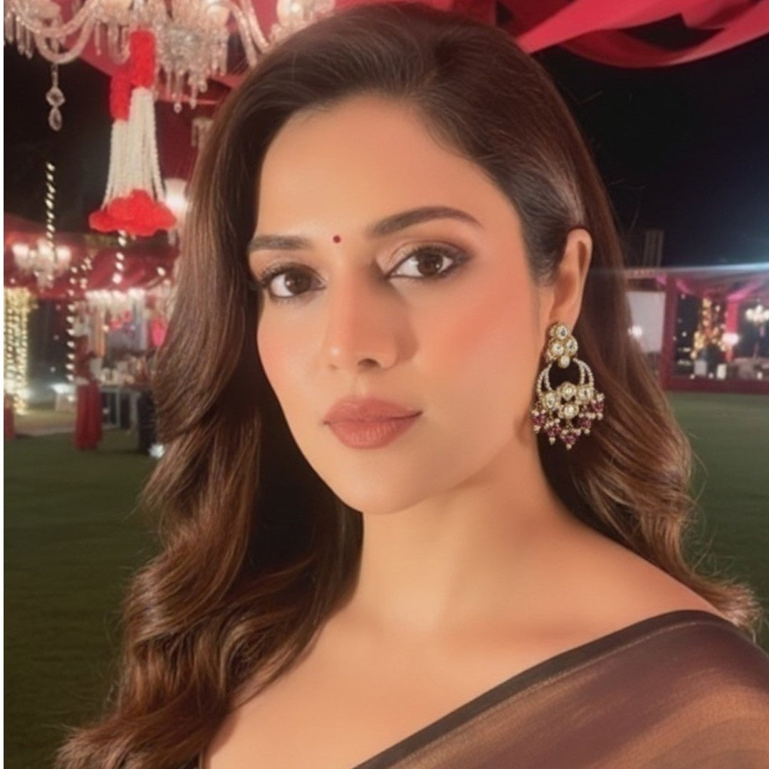 Traditional gold-plated Kundan Chandbali earrings with pink and white beads