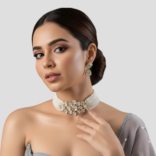 Premium Kundan Pearl Choker Necklace Set with Earrings