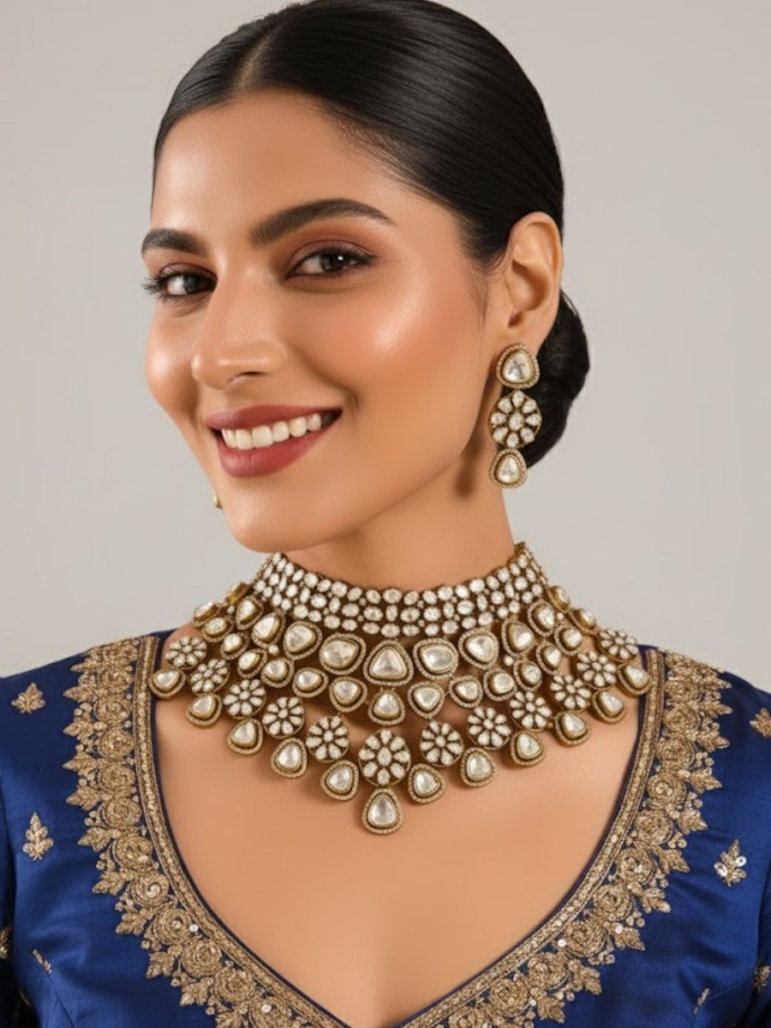 Gold Finish Floral Motif & Kundan Stone Choker Necklace Set