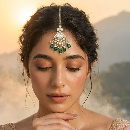 Gold plated Kundan maang tikka with white Polki stones, green bead drops, and pearl detailing for bridal wedding and festive wear.