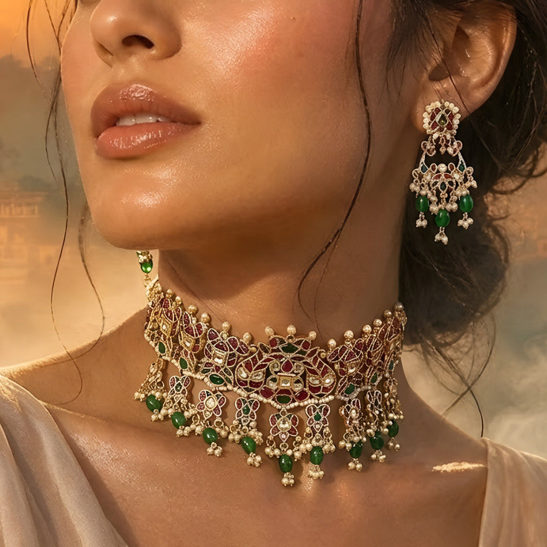 Traditional gold-plated Kundan choker necklace set with red and green stones, dangling green beads, and matching chandbali earrings for bridal wear.