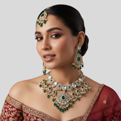 “Green Kundan Polki Bridal Necklace Set with Earrings and Maang Tikka – Gold Plated Wedding Jewelry”