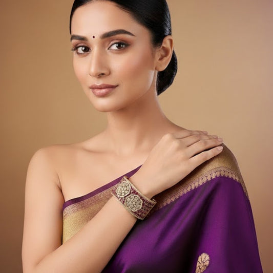 Gold-Plated Ruby & Kundan Floral Statement Bracelet Kada for Women