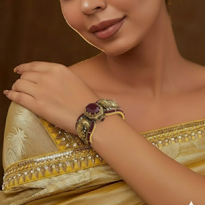 Antique Gold-Plated Green Stone Statement Cuff Bracelet for Women