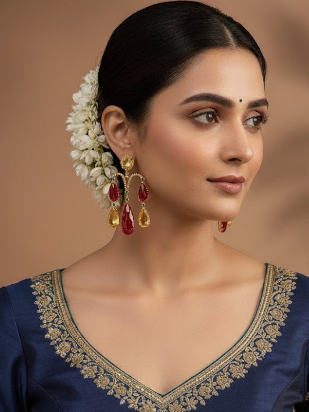 Gold-Plated Red & Yellow Statement Teardrop Earrings with Green Accents