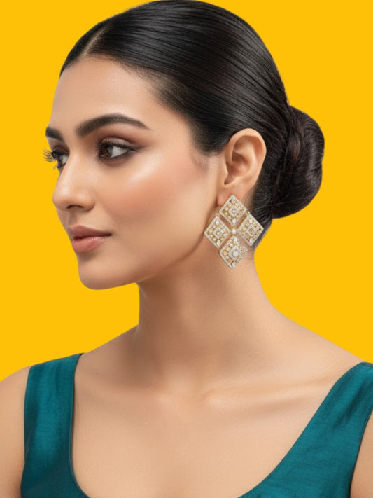 Designer Gold-Toned & White Kundan Studded Square Drop Earrings for Women