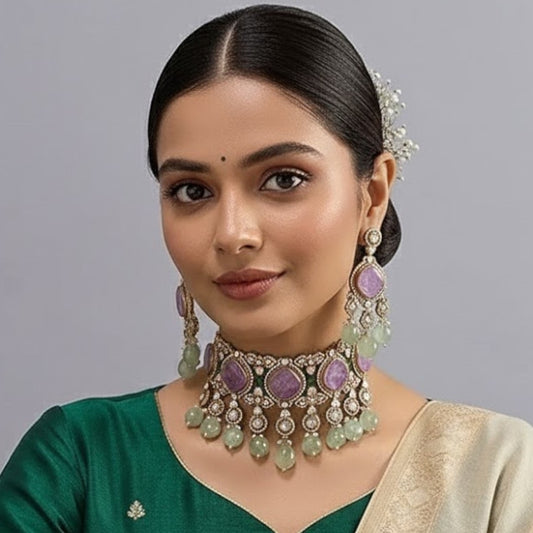 Lavender Stone and Mint Green Beaded Kundan Choker Necklace Set with Earrings