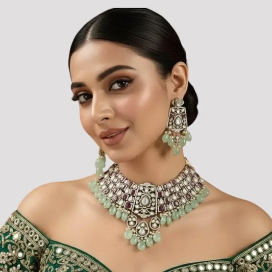 Bridal Kundan Choker Necklace Set with Green Beads & Ruby Stones - Auraa Trends
