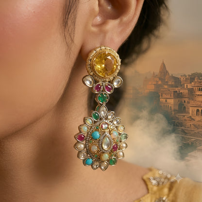 Gold-plated multicolor Kundan drop earrings with yellow crystal stone and pastel gemstone detailing for women