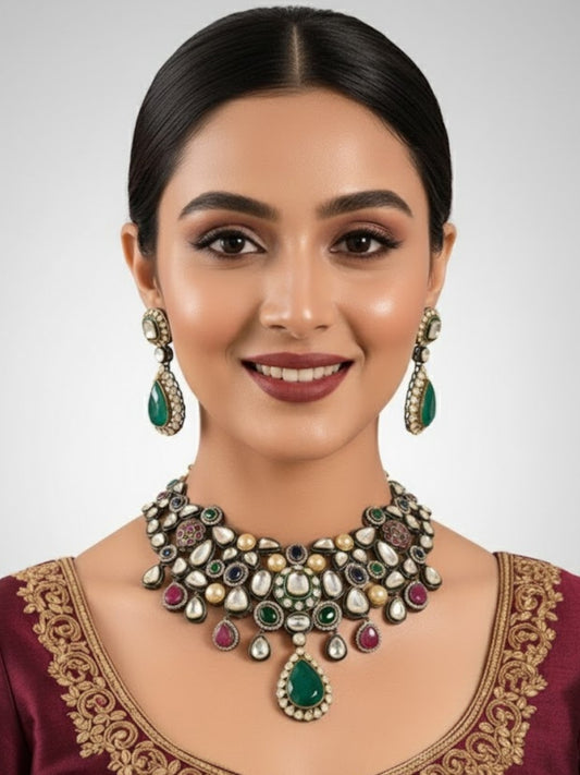 Gold Finish Kundan Polki & Multi-Colored Stone Choker Necklace Set