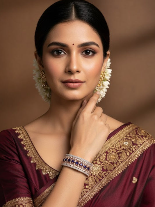 Rose Gold-Plated Designer Bangle with Blue Square Stones and Cubic Zirconia for Women