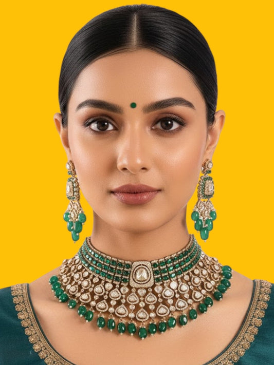 Gold Plated Kundan Polki Choker Set with Emerald Green Beads – Ethnic Wedding Jewelry