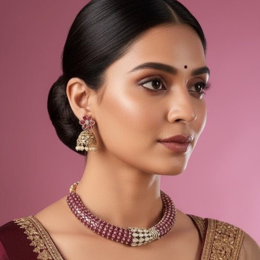 Designer Ruby & Pearl Studded Kundan Choker Necklace Set with Jhumka Earrings for Women