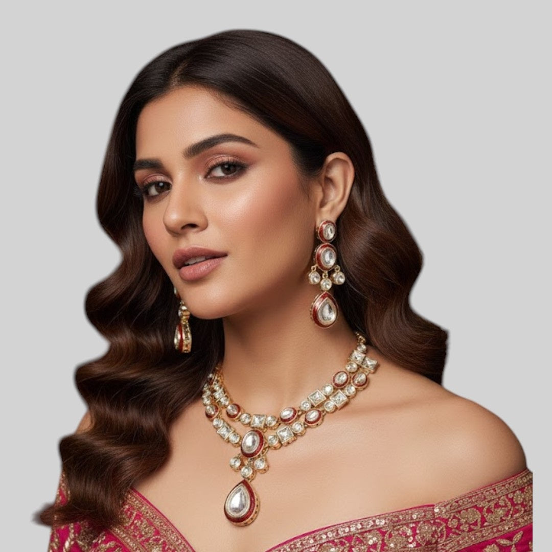 Traditional Kundan Necklace & Earrings Set with Red Enamel Detailing – Bridal/Party Wear Jewelry