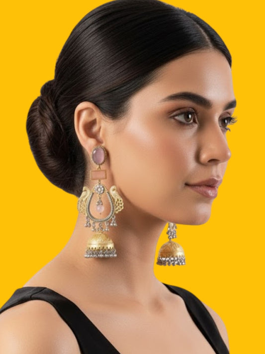 Gold-Tone Dual Peacock Jhumka Earrings with Pink Stone & Silver Ghungroo Drops