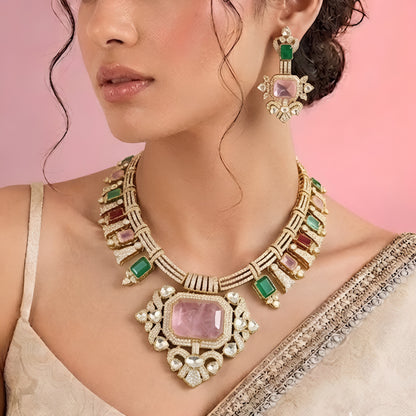 Multicolor tourmaline style necklace set with matching earrings in gold plating by Auraa Trends