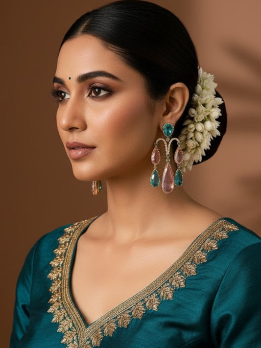 Luxury Pastel Teardrop Dangler Earrings in Blue & Pink with Gold-Tone Finish