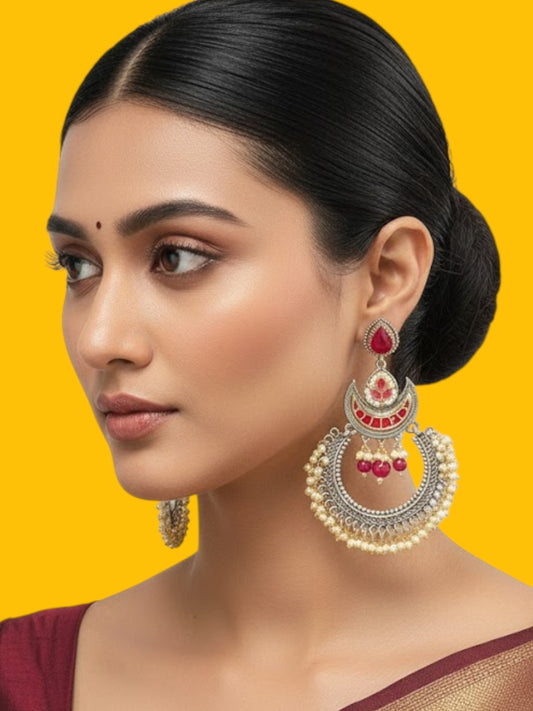 Oxidised Silver-Plated Pearl & Kundan Chandbali Earrings for Women