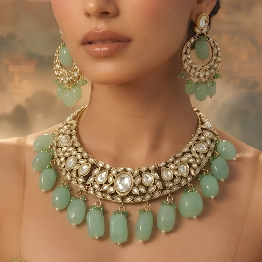 Green Kundan Polki choker necklace set with mint green bead drops and matching statement earrings for bridal, wedding, and traditional ethnic wear.
