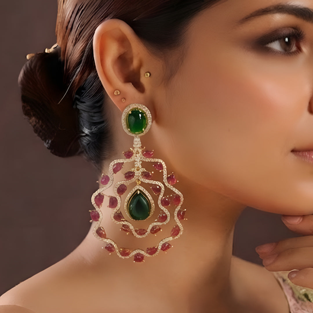 Emerald Green & Ruby Red Stone Designer Earrings for Women | Gold Plated Luxury Bridal Statement Drop Earrings
