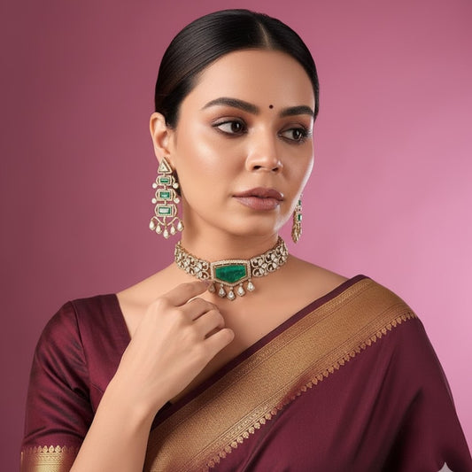 Statement Green Stone Kundan Choker Necklace Set with Long Dangler Earrings for Women