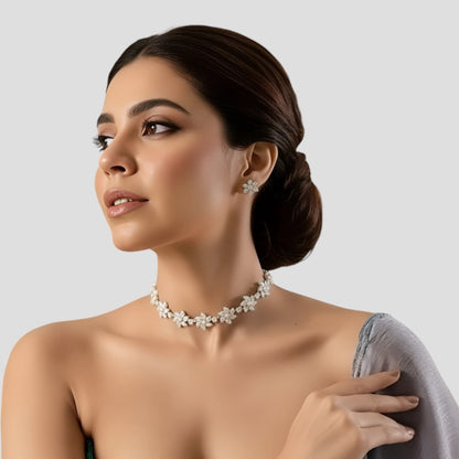 Sparkling Floral American Diamond Necklace & Earrings Set