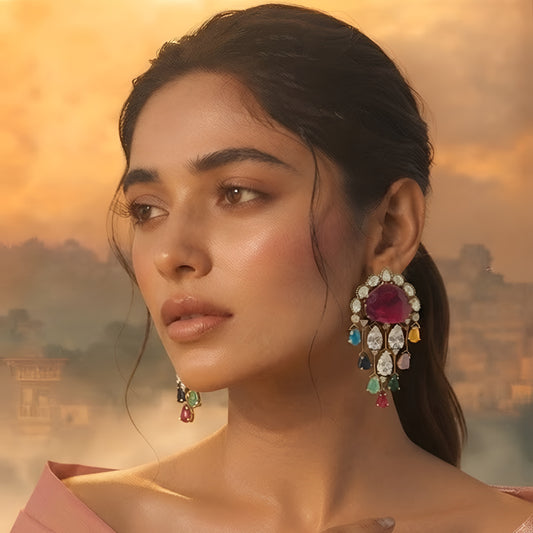 Luxury gold-plated multicolor crystal ear cuff earrings featuring a ruby pink center stone, sparkling cubic zirconia, and colorful gemstone-inspired drops for bridal and party wear.