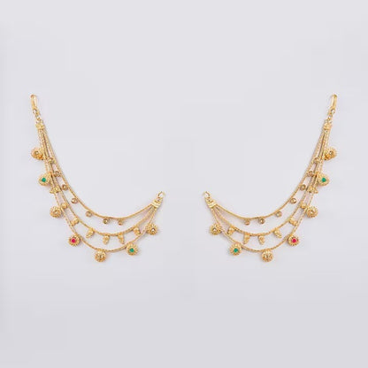 Traditional gold plated layered Kaan Chain with floral charms and red green stone accents for women, ideal for bridal wear, weddings, festive occasions, and ethnic outfits.