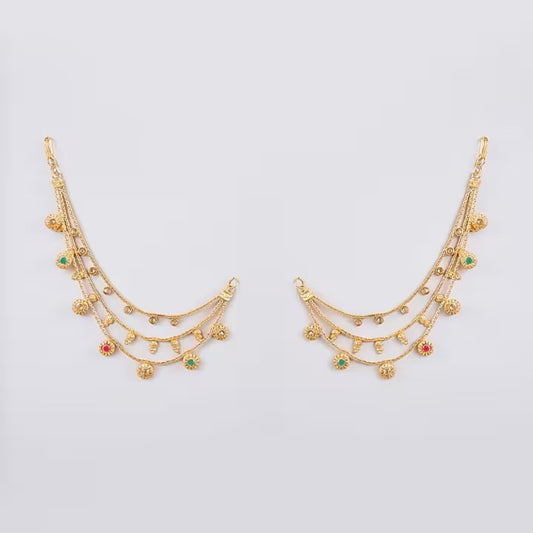 Traditional gold plated layered Kaan Chain with floral charms and red green stone accents for women, ideal for bridal wear, weddings, festive occasions, and ethnic outfits.