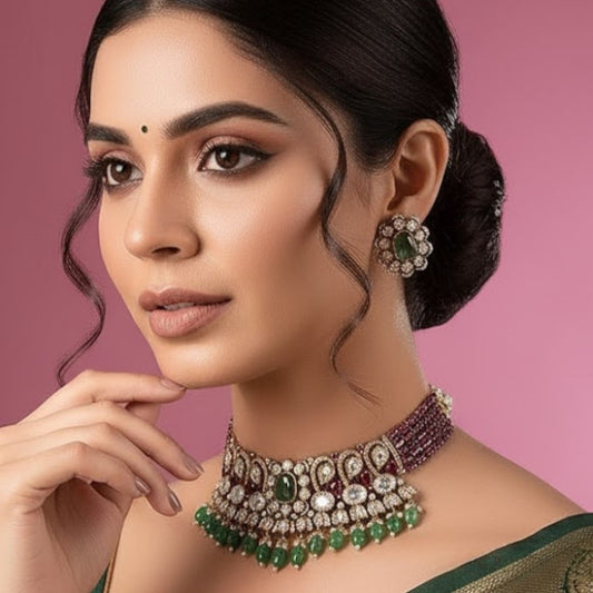 Ruby & Green Beads Kundan Choker Necklace Set with Floral Stud Earrings for Women