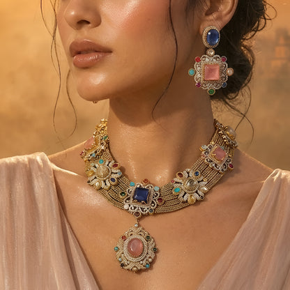Royal Victorian antique gold statement necklace set with multicolor gemstones, pendant design, and matching earrings for women.