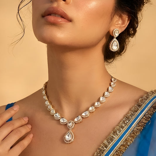 Elegant Gold Plated White Kundan Teardrop Necklace Set for Women