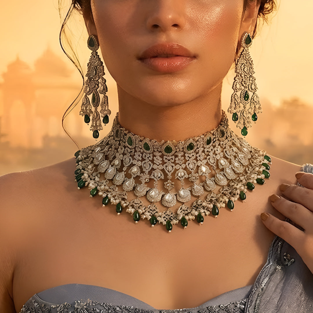 Green Kundan Polki bridal choker necklace set with intricate lattice design, pearl embellishments, green teardrop beads, and matching statement earrings.