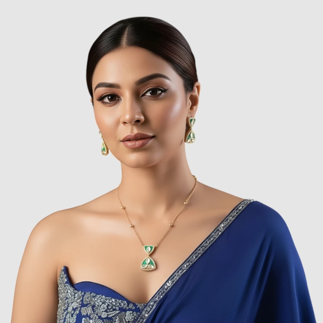 Green Enamel & White Stone Gold-Plated Elegant Necklace Set