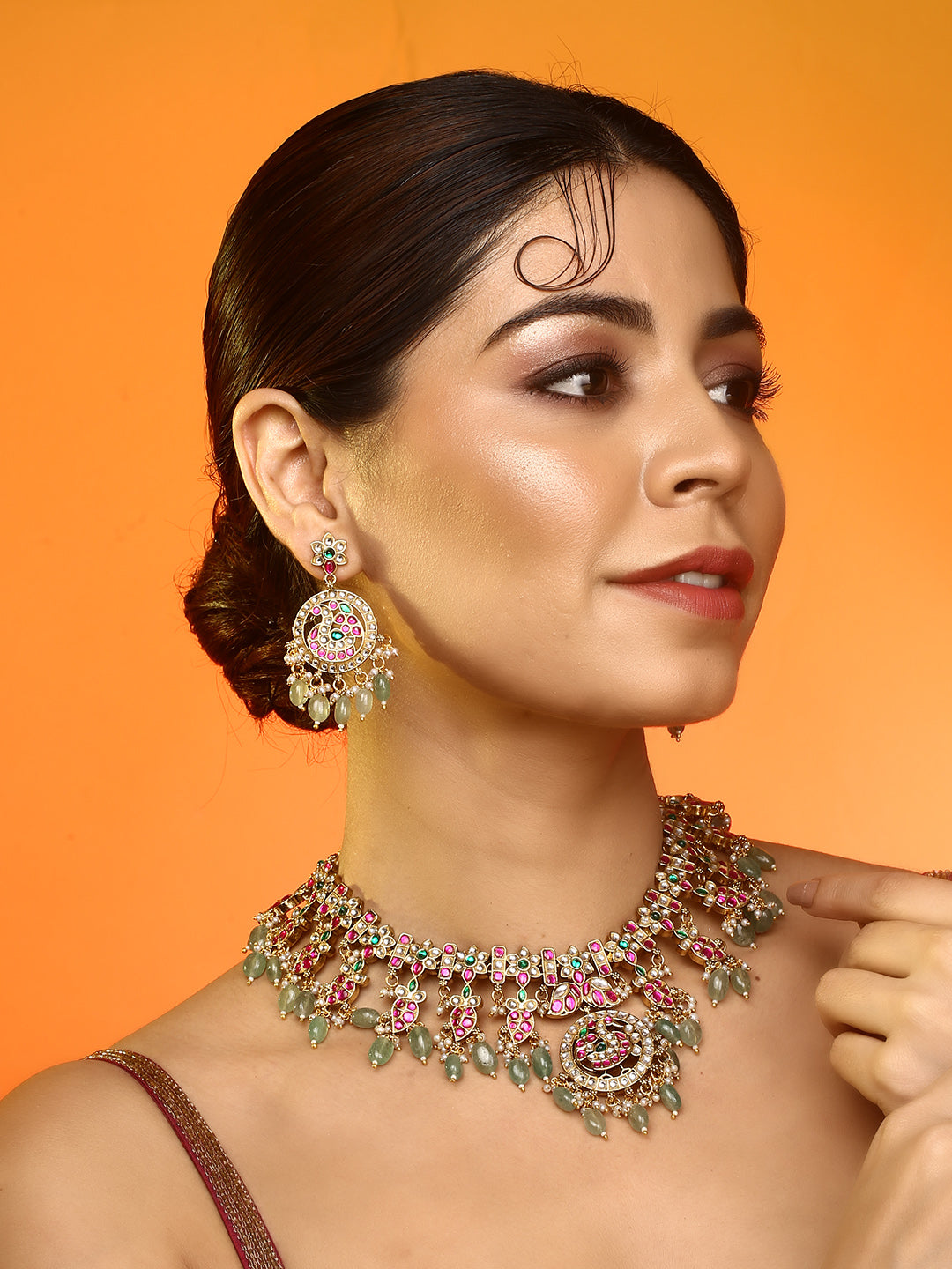 Gold Plated Kundan Necklace Set with Pink & Green Stones and Drop Beads