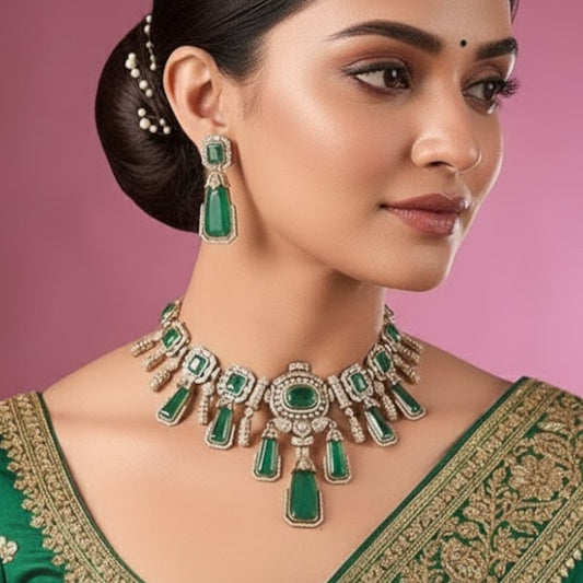Royal Green Stone Kundan Choker Necklace Set with Long Drop Earrings for Women