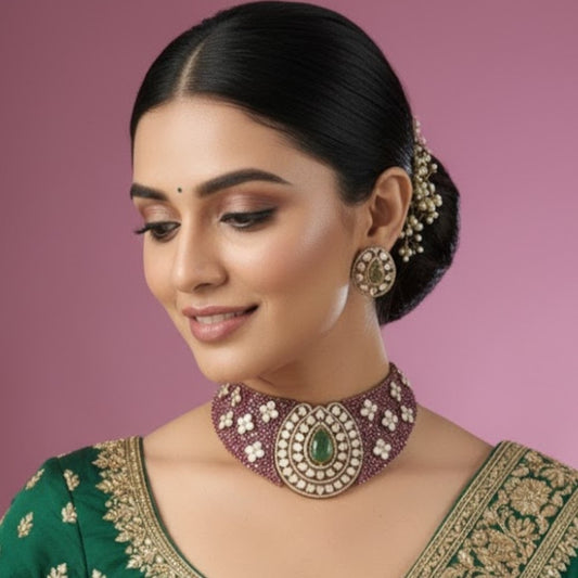 Green Stone & Pearl Embellished Kundan Choker Necklace Set
