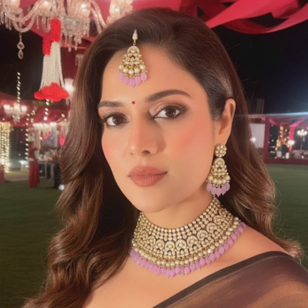 Kundan Pearl Bridal Necklace Set with Pink Beads & Maang Tikka - Auraa Trends