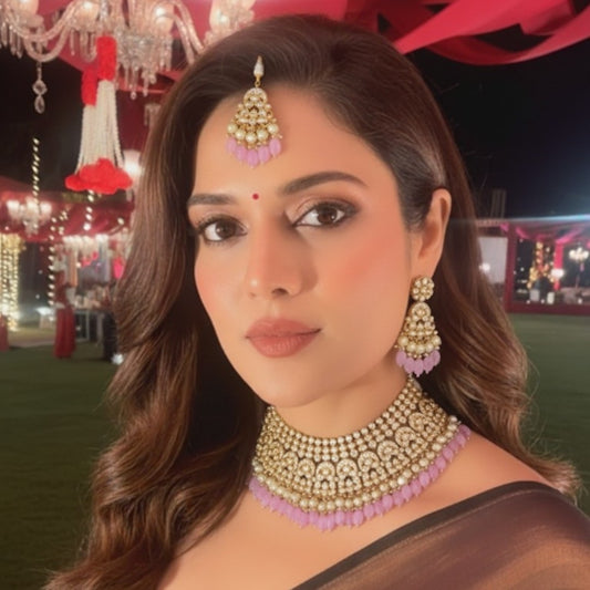 Kundan Pearl Bridal Necklace Set with Pink Beads & Maang Tikka