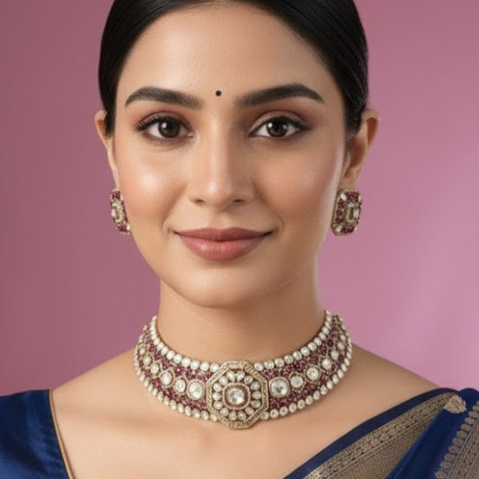 Gold-Plated Red Kundan & Pearl Choker Necklace Set with Stud Earrings