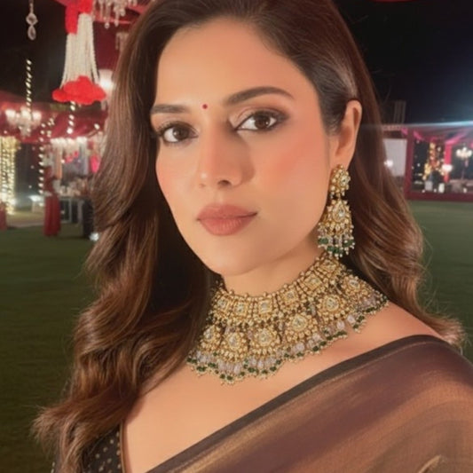Luxury Kundan Choker Necklace Set with Grey Beads & Statement Earrings