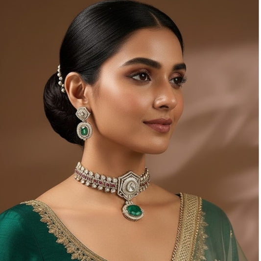 Emerald Green Kundan Choker Necklace Set with Earrings - Auraa Trends
