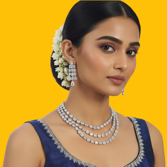 Elegant Silver-Tone Layered Diamond Necklace Set with Drop Earrings for Women
