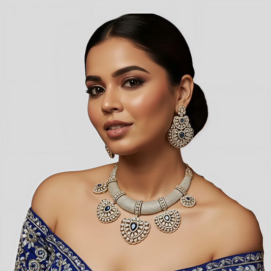 Royal Blue Stone Studded Bridal Necklace Set with Matching Earrings