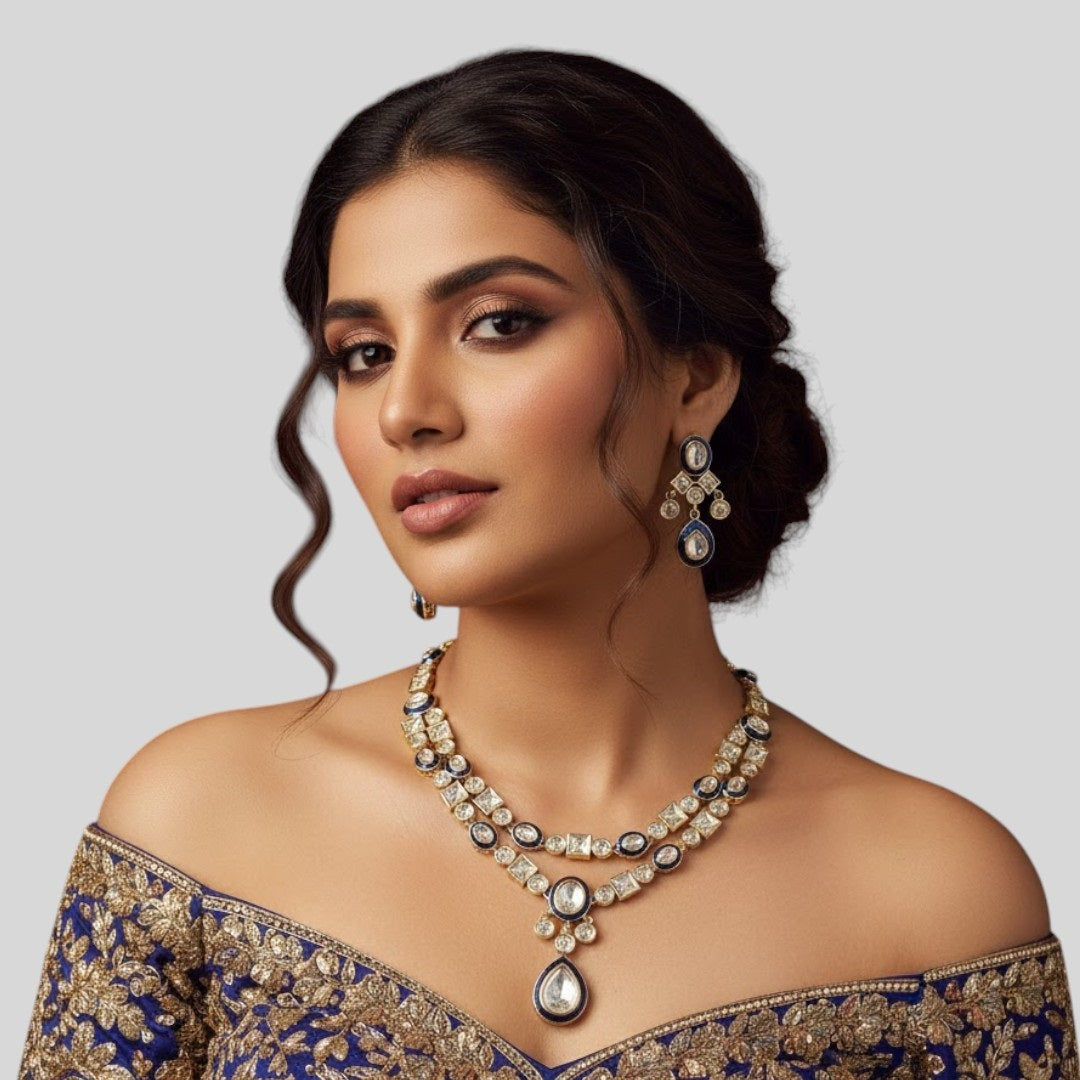 Traditional Blue Kundan Necklace & Earrings Set