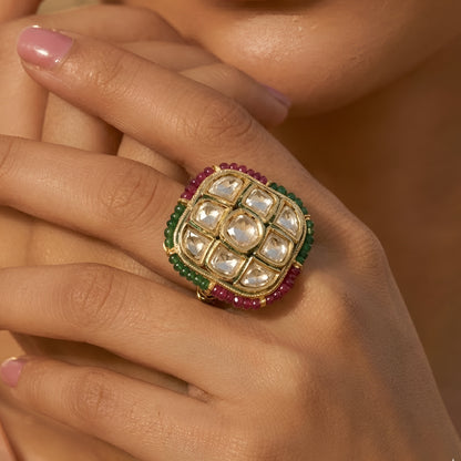 Traditional Kundan Polki Statement Ring with Ruby & Emerald Stones