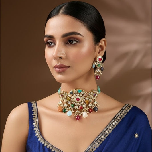 Multicolor Kundan Choker Necklace Set with Beaded Drops & Earrings