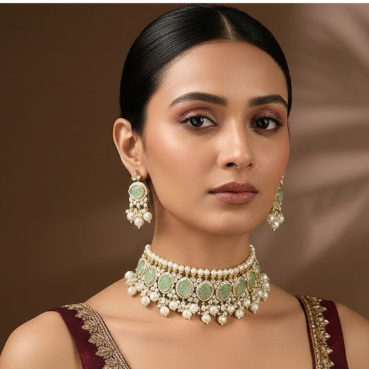 Pastel Green Kundan Pearl Choker Necklace Set with Earrings