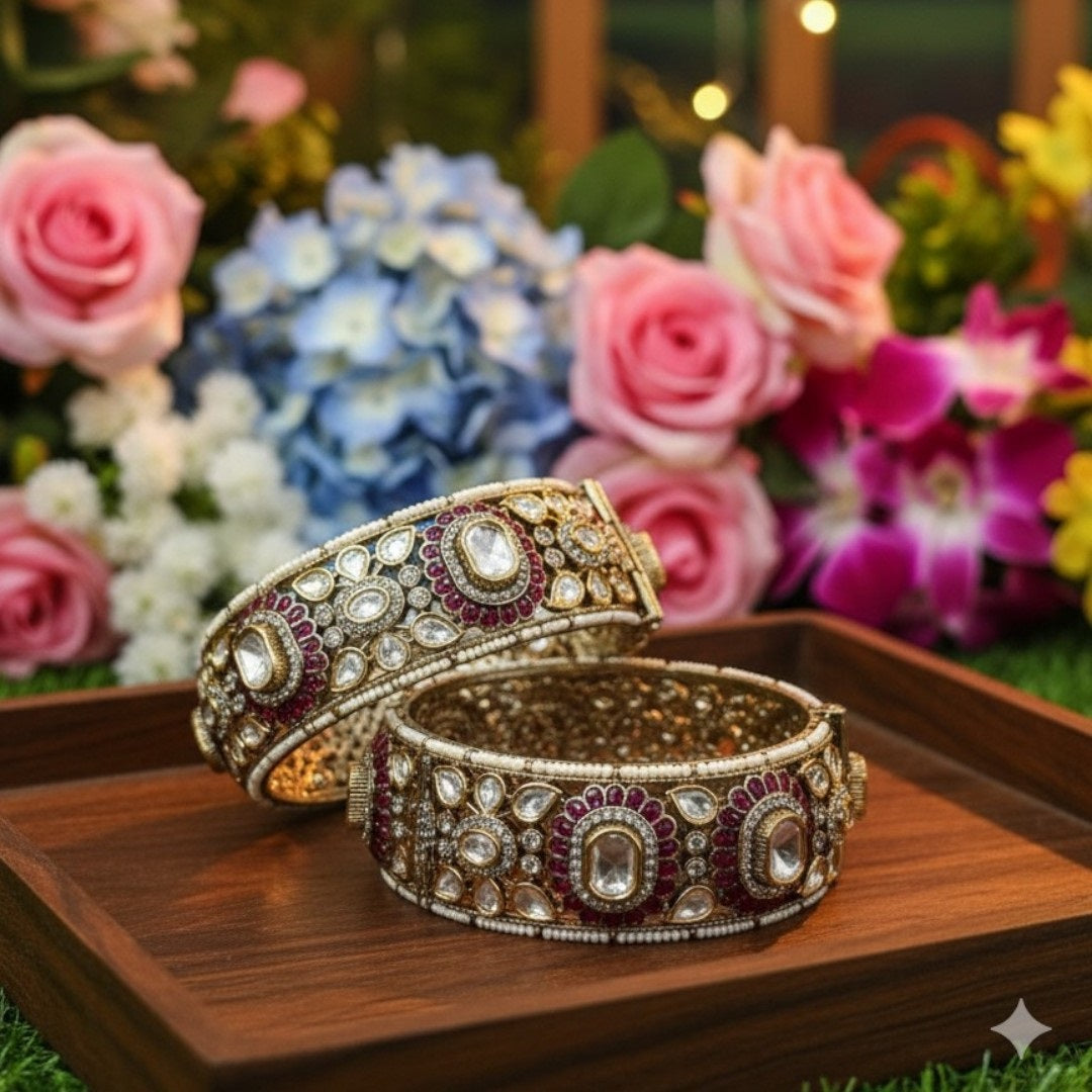 Mehandi Polish Openable Polki Kada with Red Stone Accents